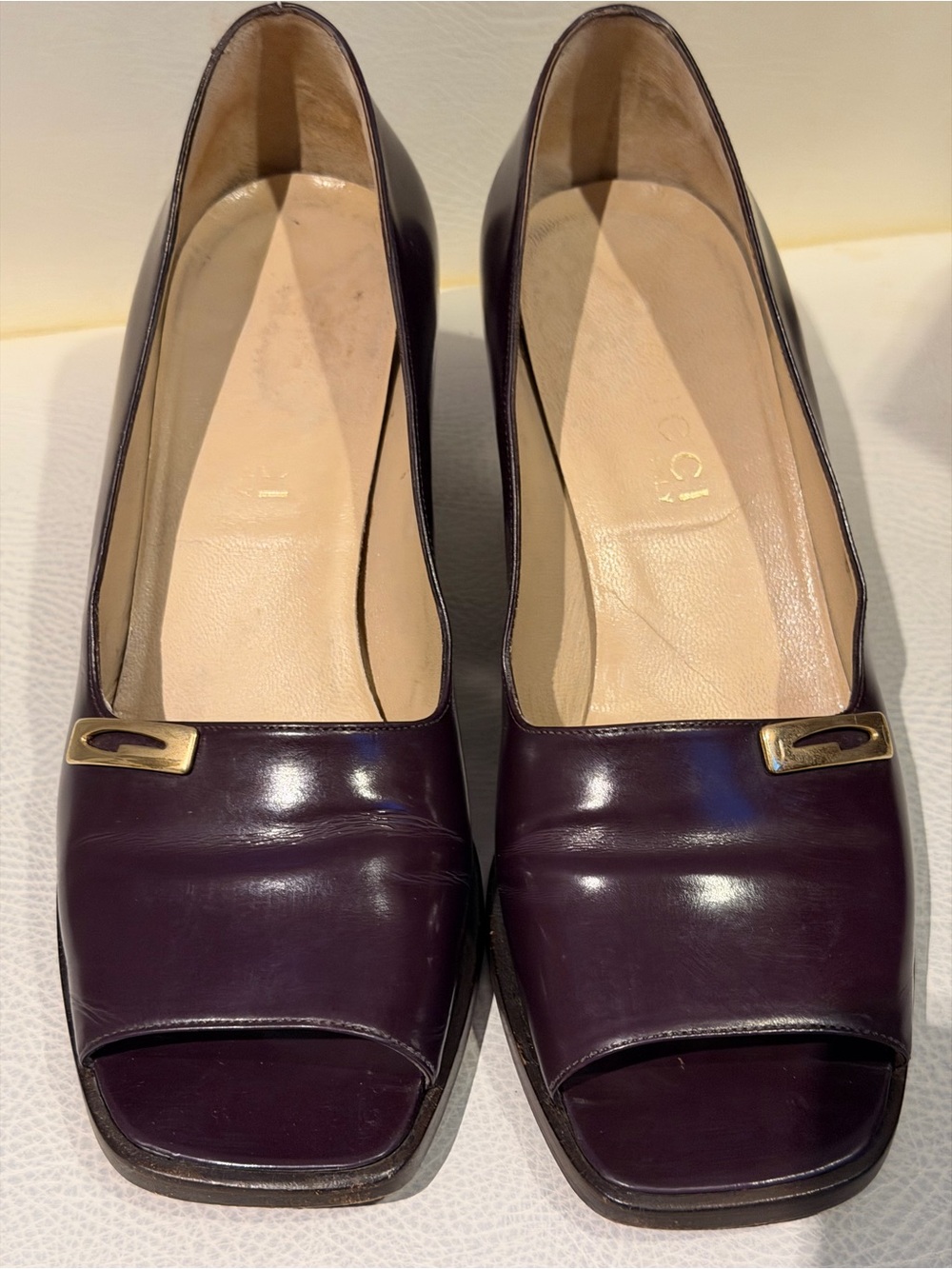 Gucci Plum Leather Peep-Toe Pumps with Gold Accent